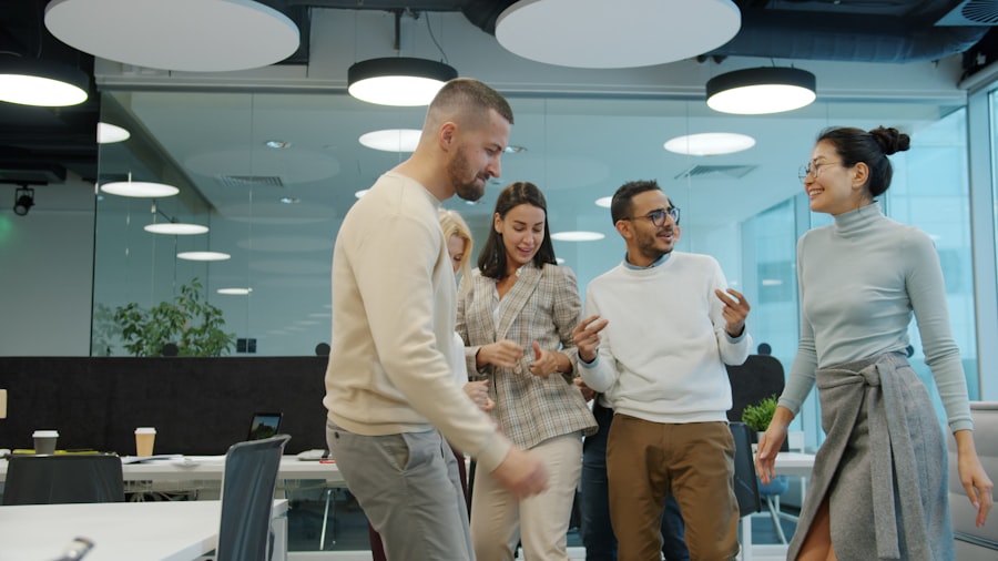 Colleagues celebrating in the office as the meeting turns into a party