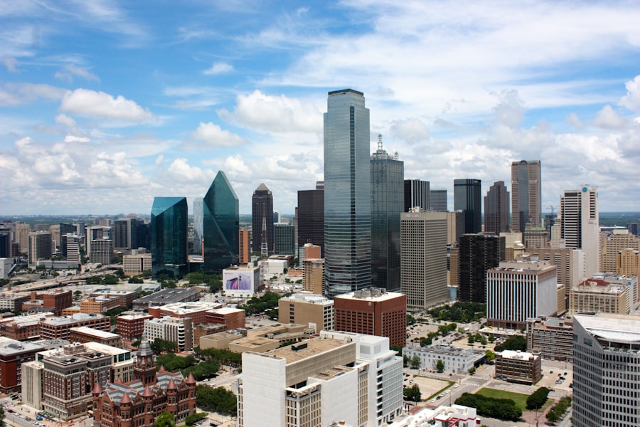Dallas city buildings under a blue sky