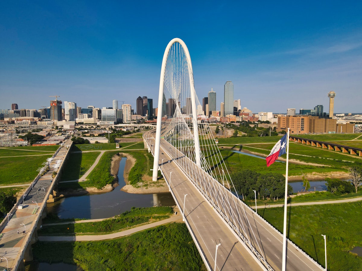 Margaret Hunt Hill Bridge arching over downtown Dallas