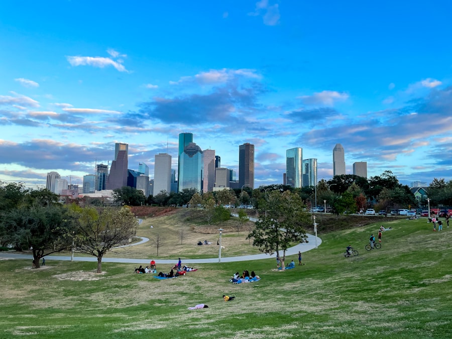 People relaxing on a park lawn in front of the Houston skyline