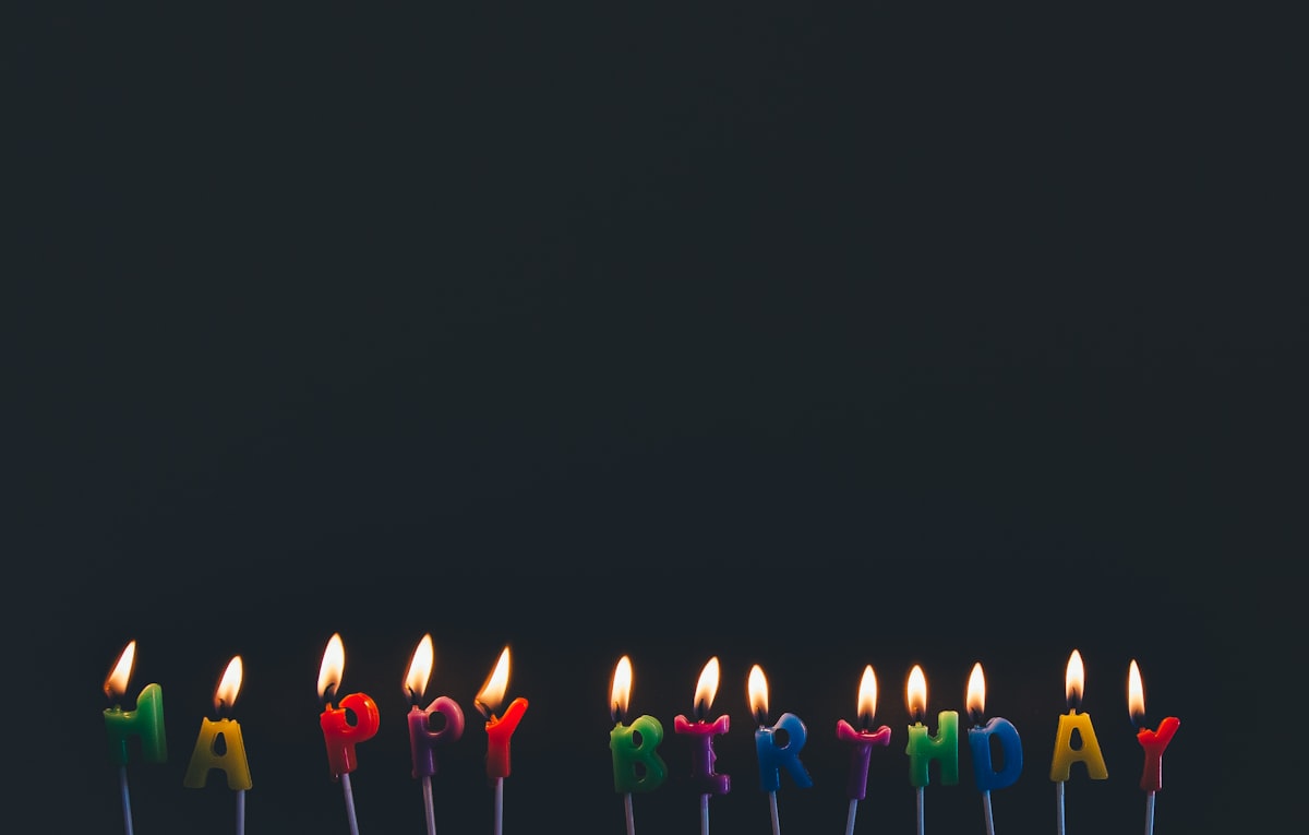 Colorful lit Happy Birthday candles marking the age